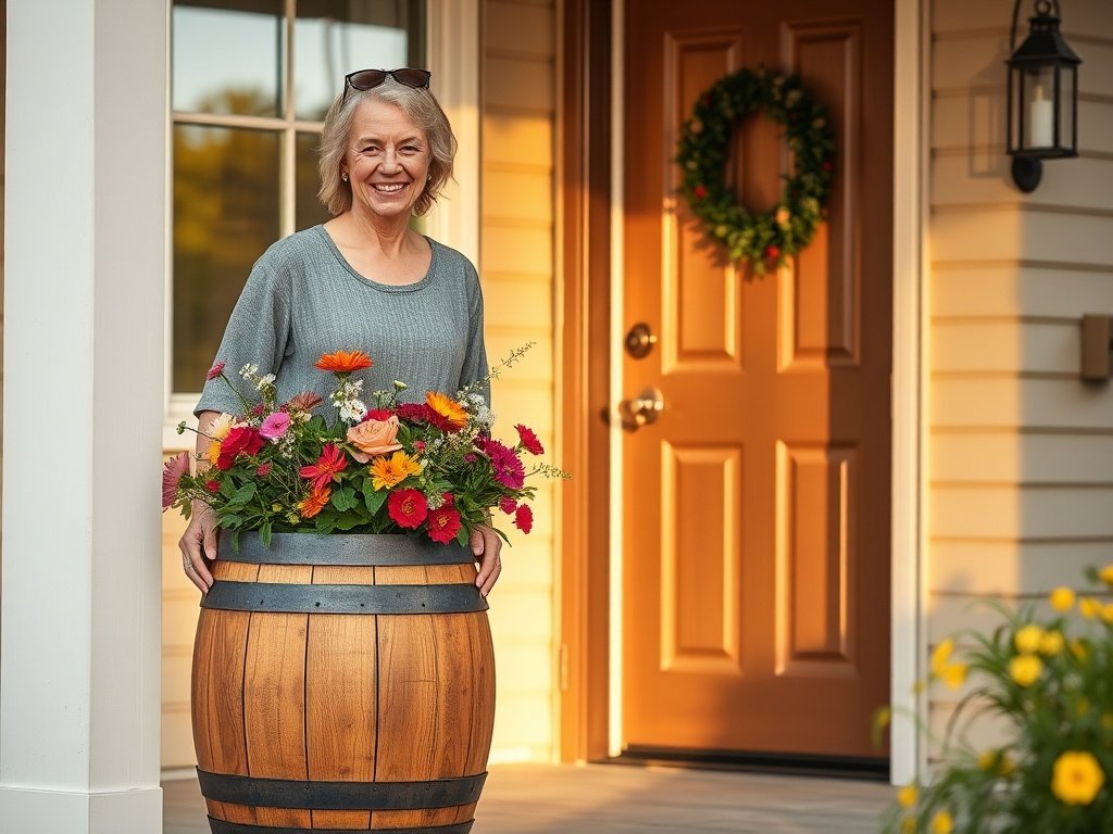 How a $27 rustic whiskey barrel planter can make a plain porch look styled in minutes