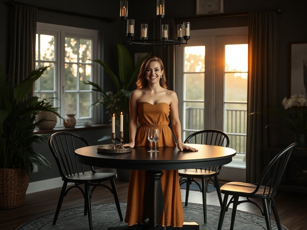 How a 47-inch black round farmhouse table can transform a busy dining room into a dramatic tropical-gothic centerpiece