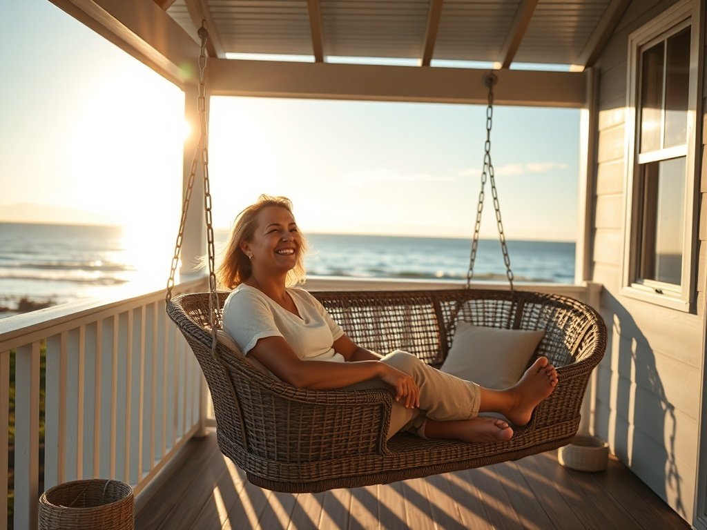 Turn a cramped 6×8 porch into a coastal retreat with one hanging loveseat swing
